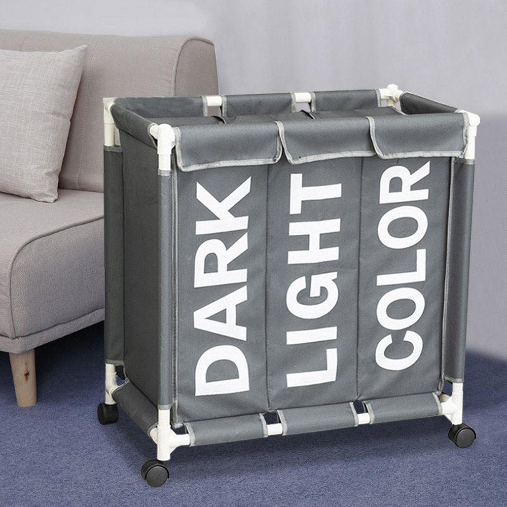 Living and Home 3 Bin Large Dark Grey Laundry Basket with Wheels Image 5