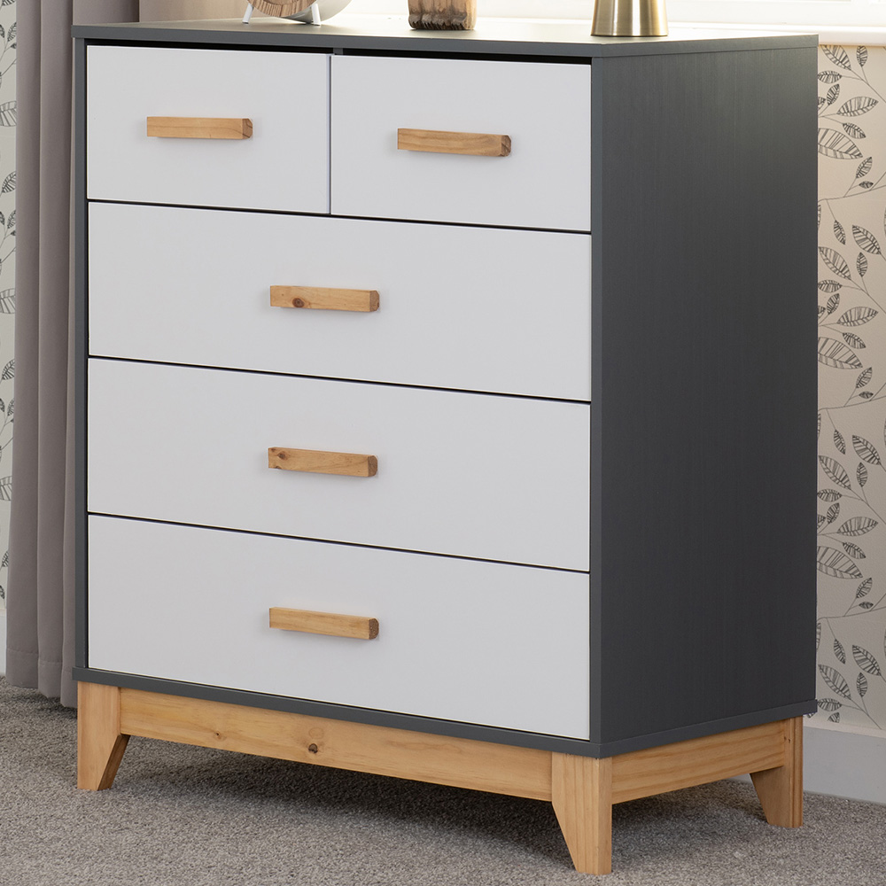 Seconique Cleveland 5 Drawer White and Grey Metal Effect Chest of Drawers Image 1