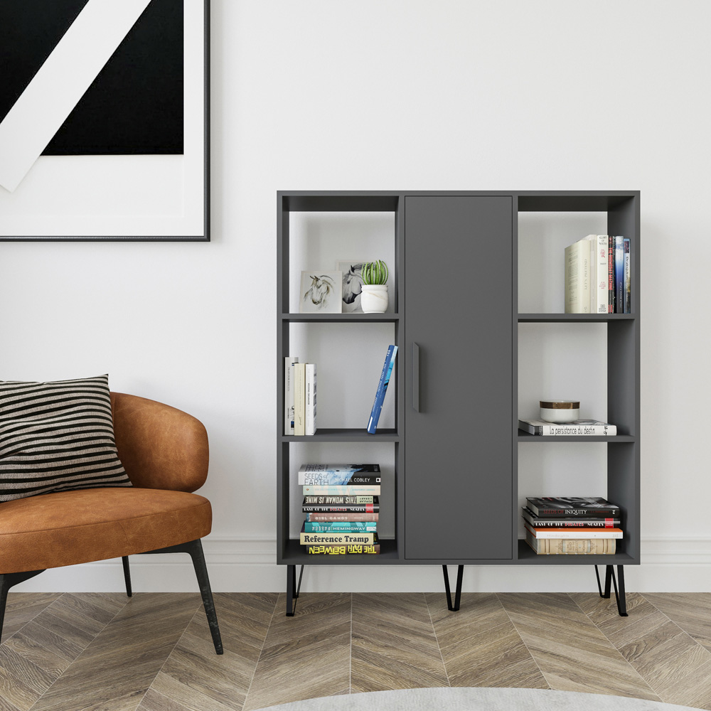 Decorotika Peoria Single Door 6 Shelf Anthracite Bookcase Image 4