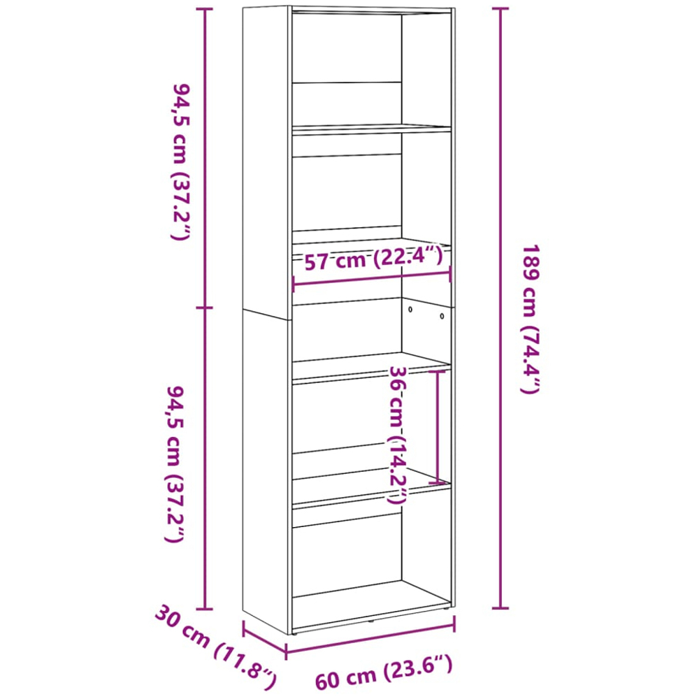 vidaXL 5 Shelf Grey Sonoma Bookcase Image 9
