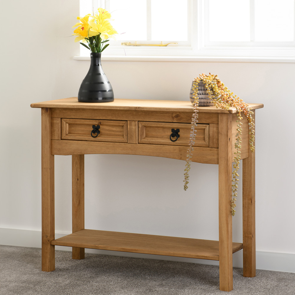 Seconique Corona 2 Drawer Single Shelf Distressed Waxed Pine Console Table Image 1