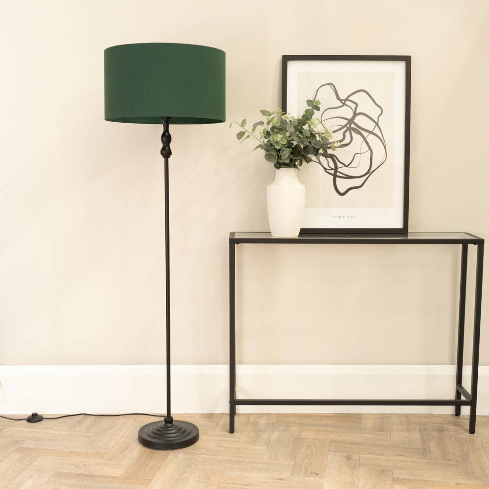 ValueLights Maggie Forest Green Fabric Shade Black Metal Candlestick Floor Lamp Image 3