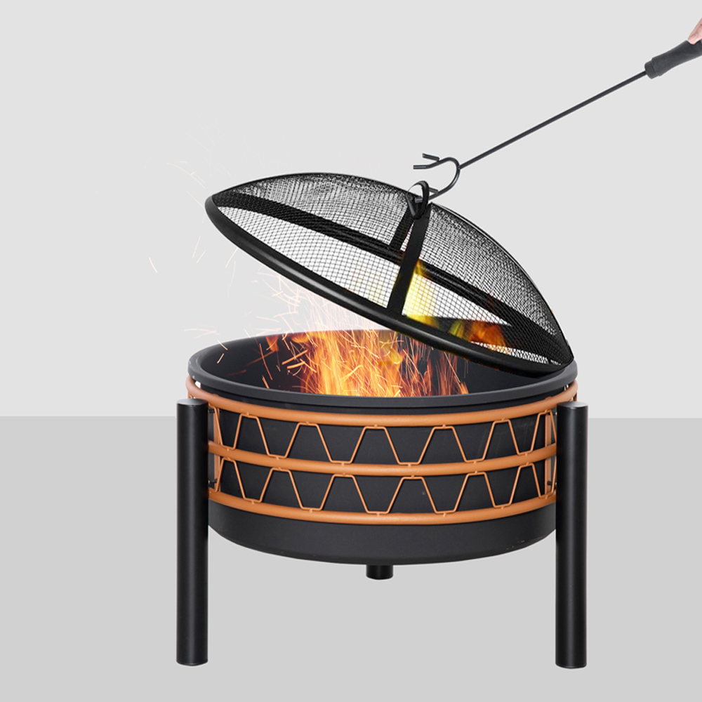 Outsunny Powder-Coated Steel Orange Fire Bowl with Poker and Mesh Lid Image 5