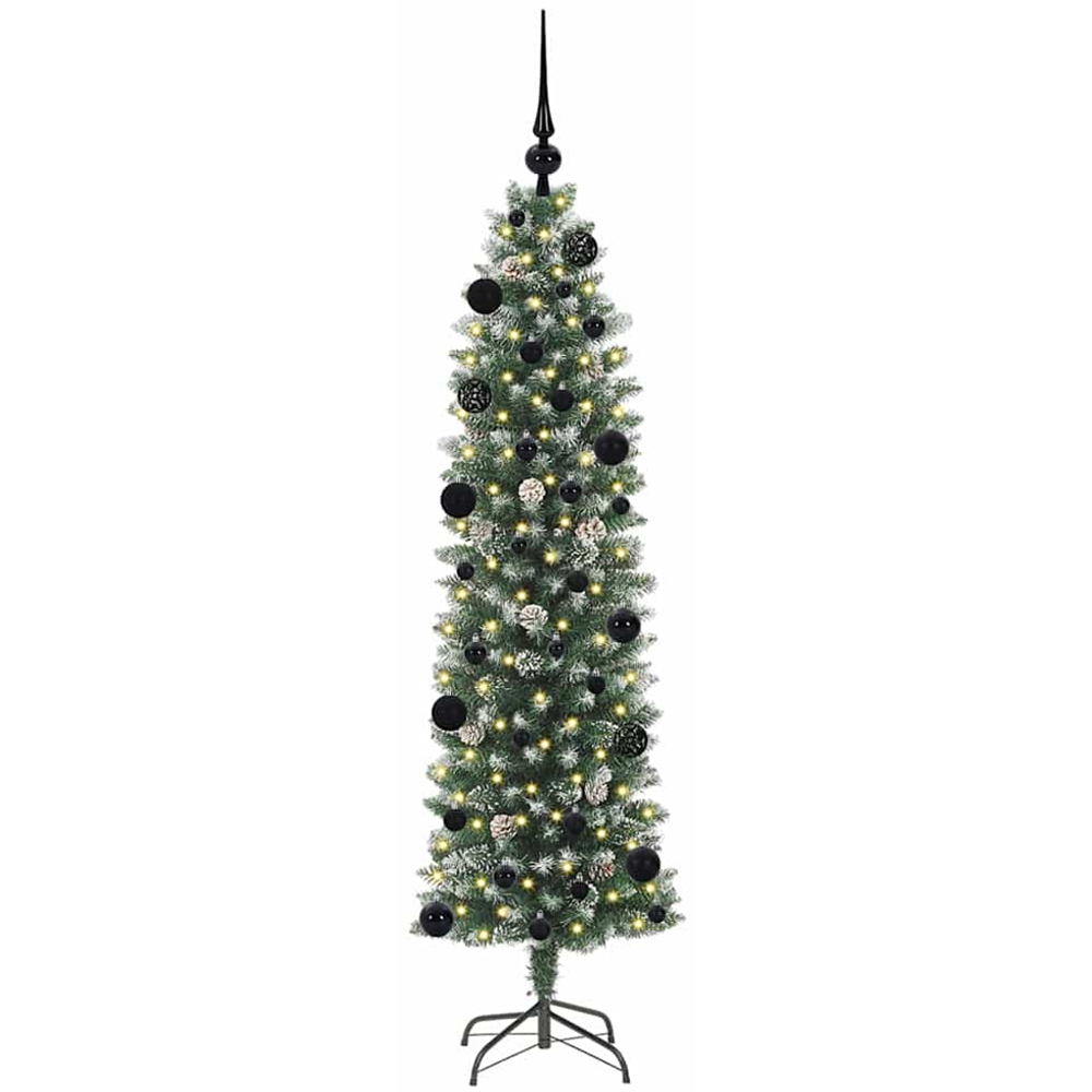 vidaXL Pre-Lit Warm White LED and Black Baubles Green Slim Artificial Christmas Tree 5ft Image 2