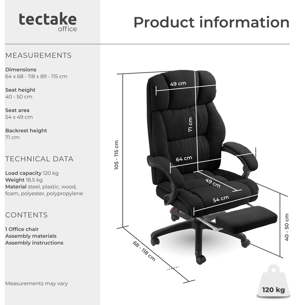 tectake Gillian Black Swivel Velour Seat Office Chair with Folding Footrest Image 9