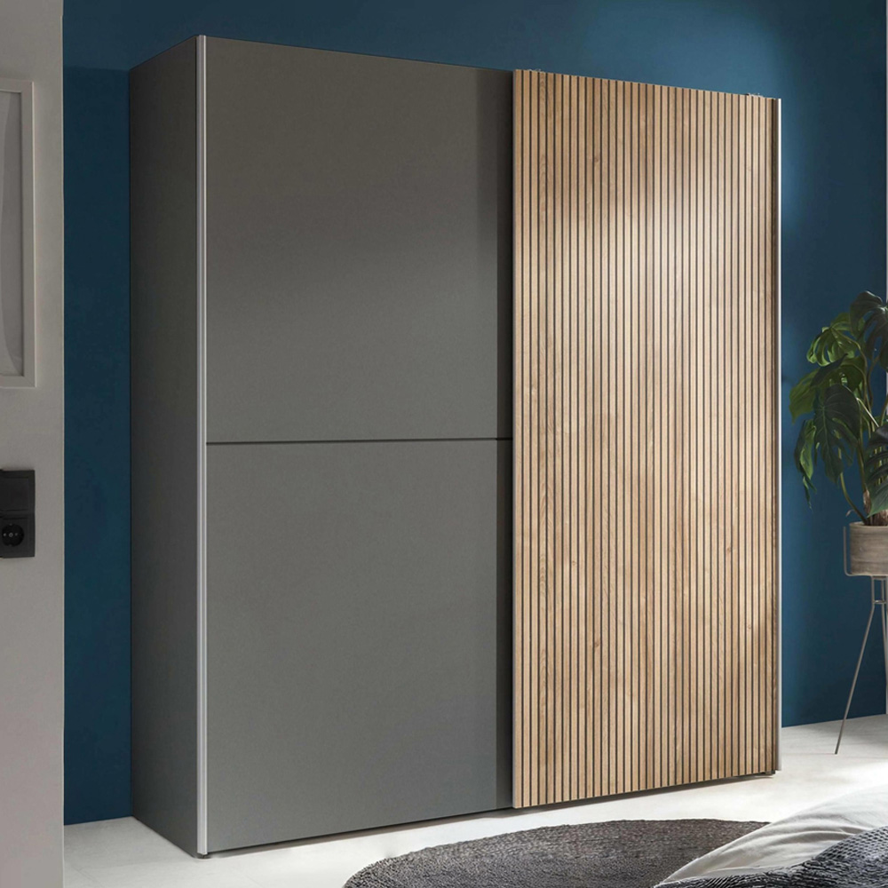 Julian Bowen Berno 2 Door Light Oak and Dark Grey Sliding Wardrobe Image 1