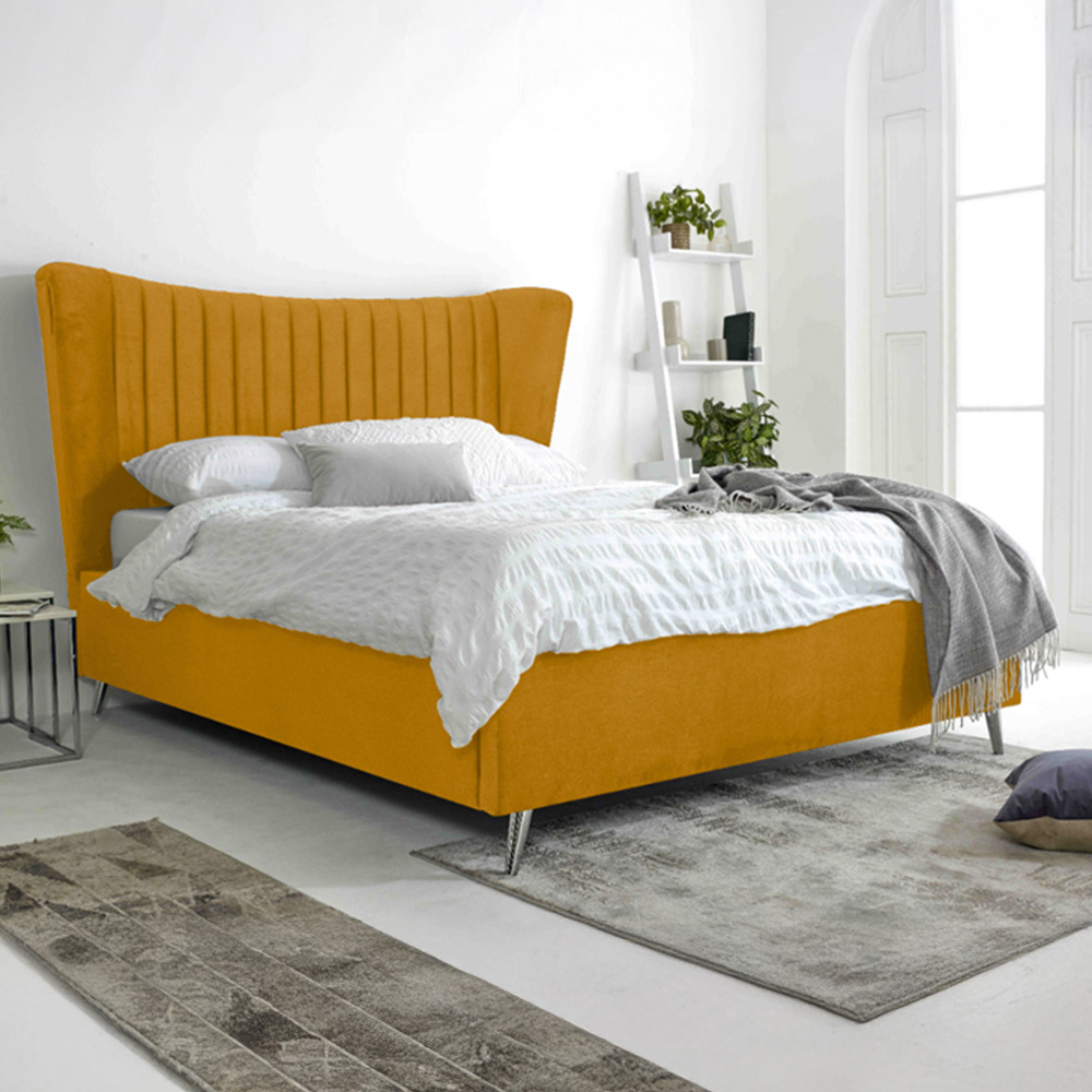 Eleganza Tatum Small Double Mustard Plush Velvet Bed Frame with Headboard Image 1