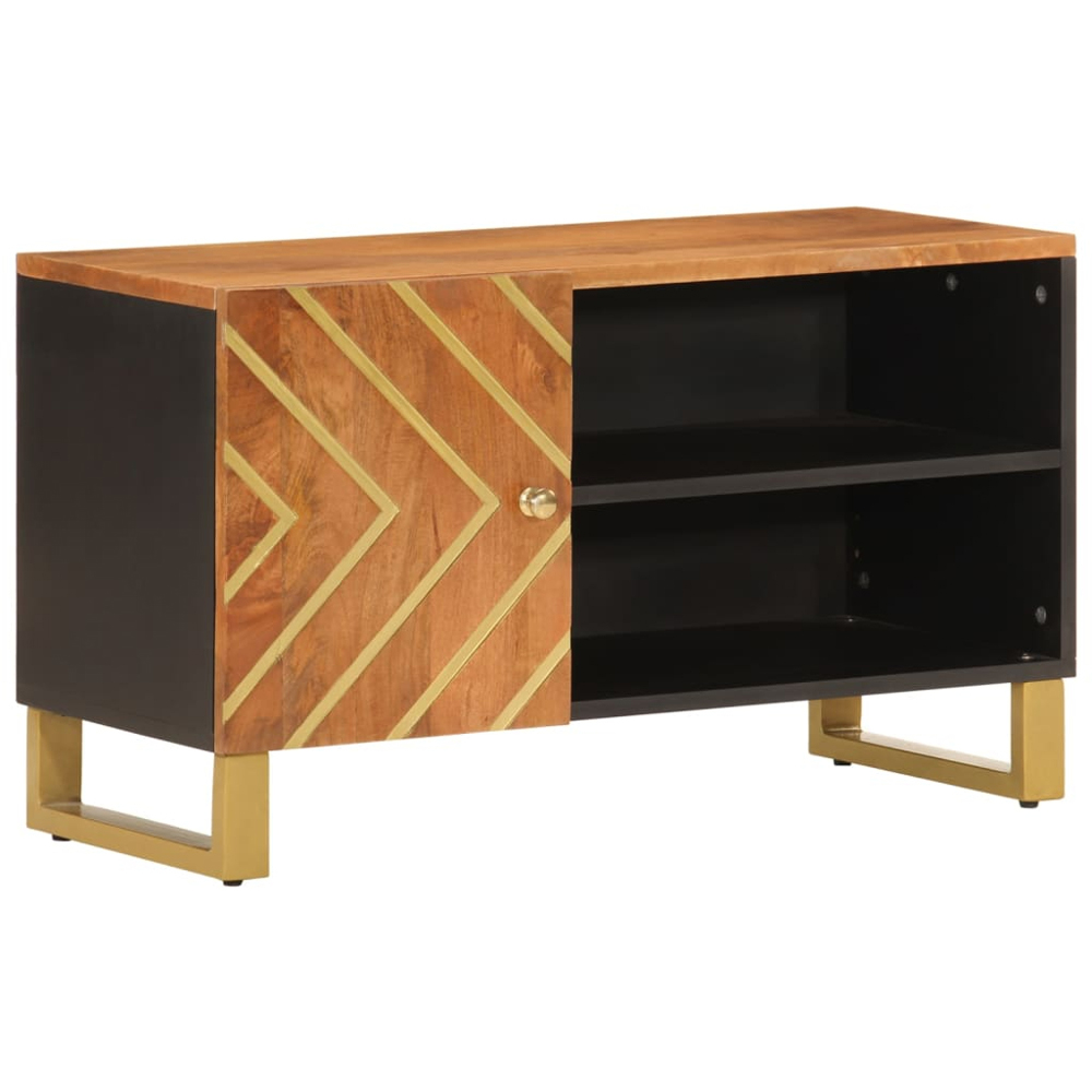 vidaXL Single Door 2 Shelf Brown and Black Solid Mango Wood TV Cabinet Image 2