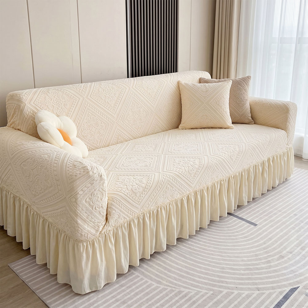 Living and Home 4 Seater Beige Damask 3D Embossed Plush Sofa Cover Image 2