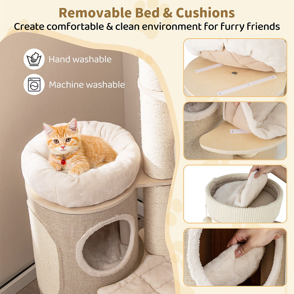 Costway Natural Multi Level Cat Tree with 2 Storey Condo 154cm Image 6