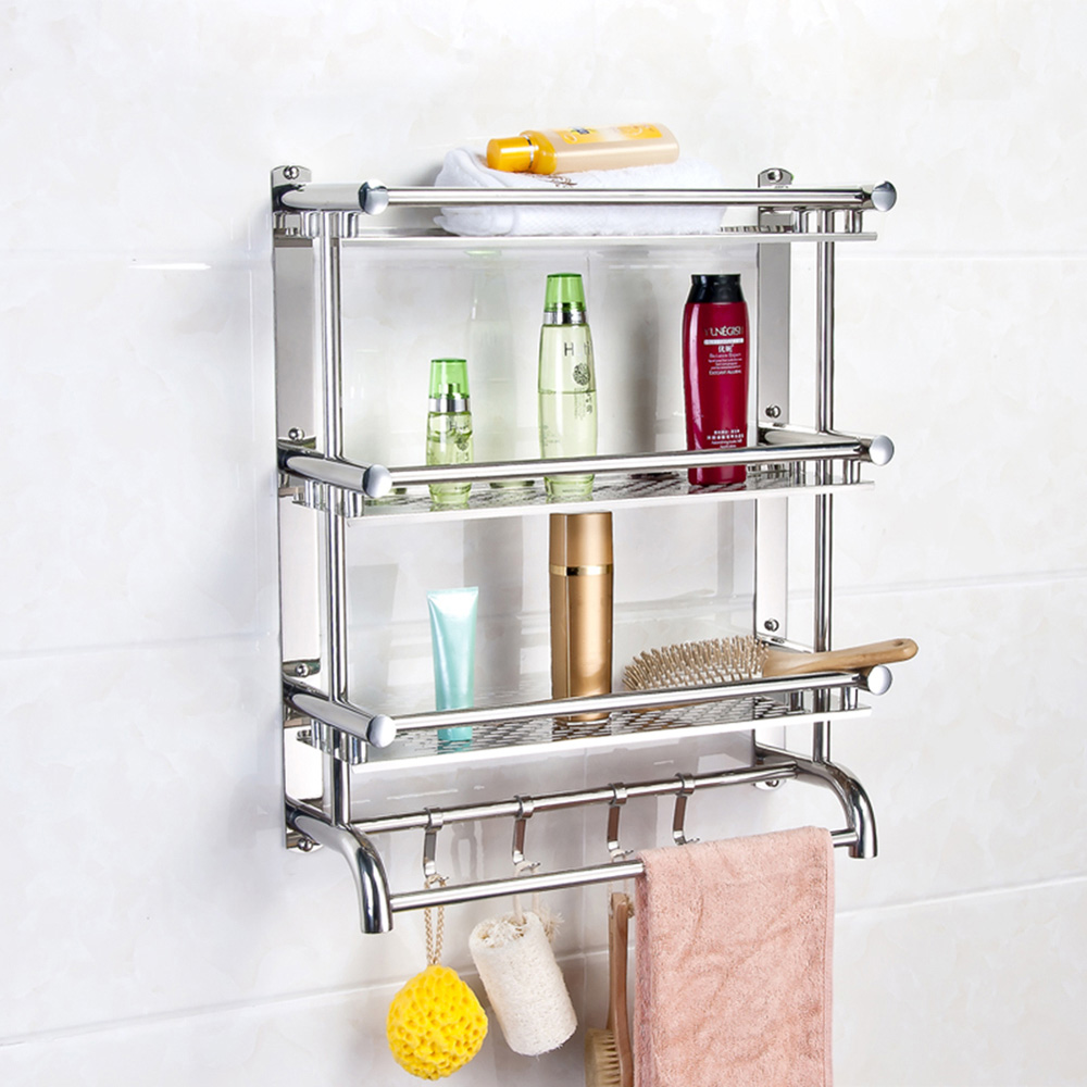 Living And Home WH0926 Silver Stainless Steel 2-Tier Bathroom Towel Rail With Hooks Image 4