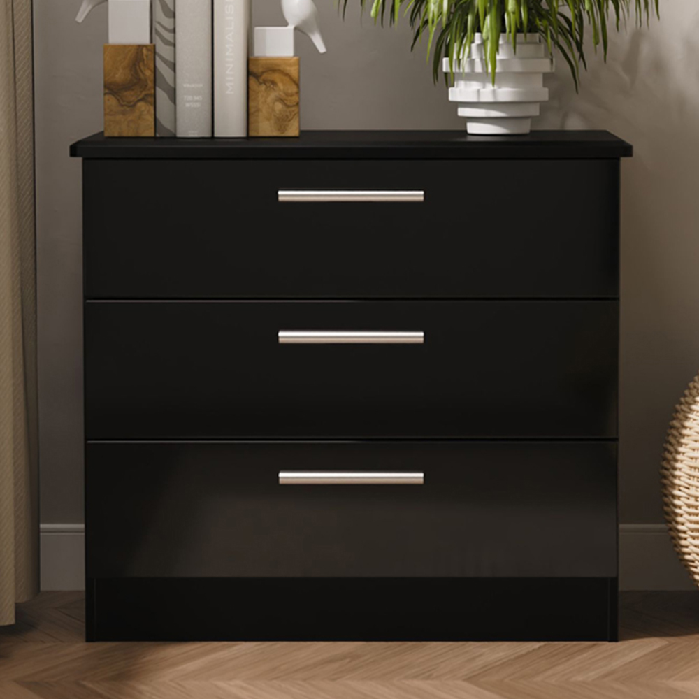 Crowndale Knightsbridge 3 Drawer Black Gloss and Black Chest of Drawers Ready Assembled Image 1