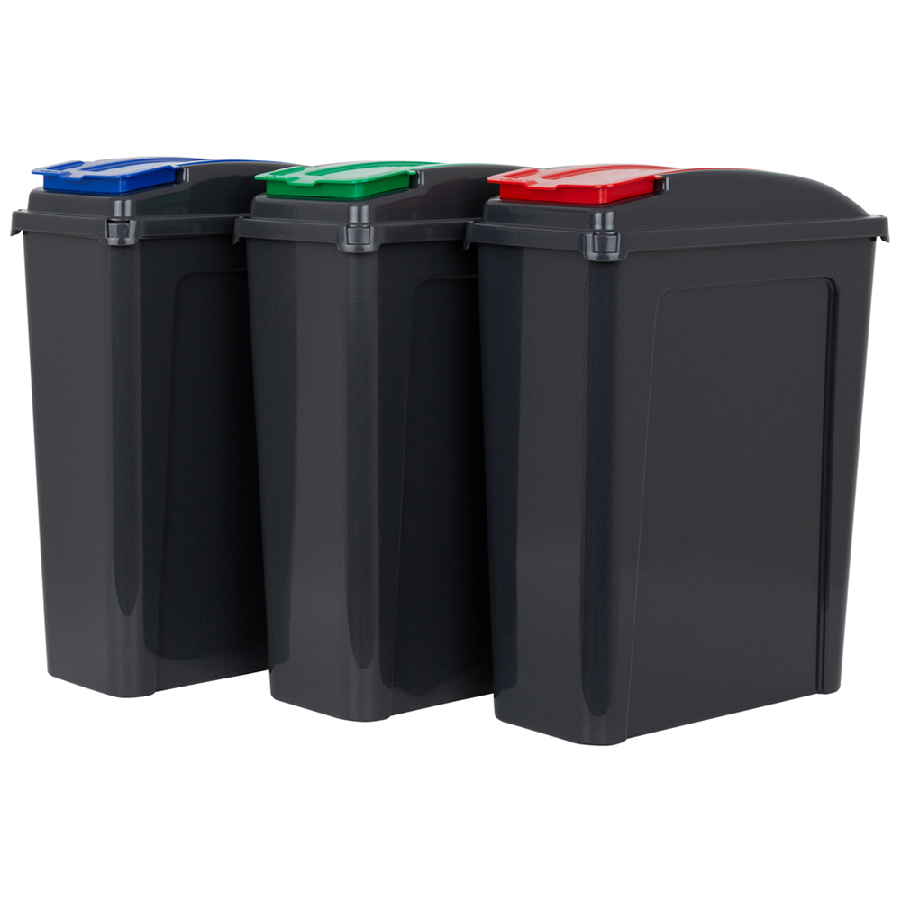 Wham 3 Piece 25L Plastic Recycle Bin Graphite/Asst Red/Blue/Green Lids Image 1