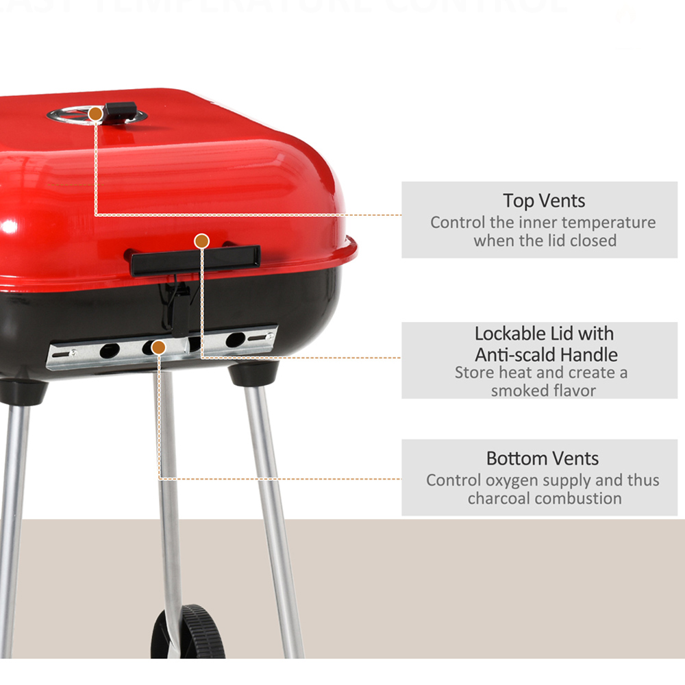 Outsunny Red and Black Charcoal Trolley BBQ Grill with Lid Image 3