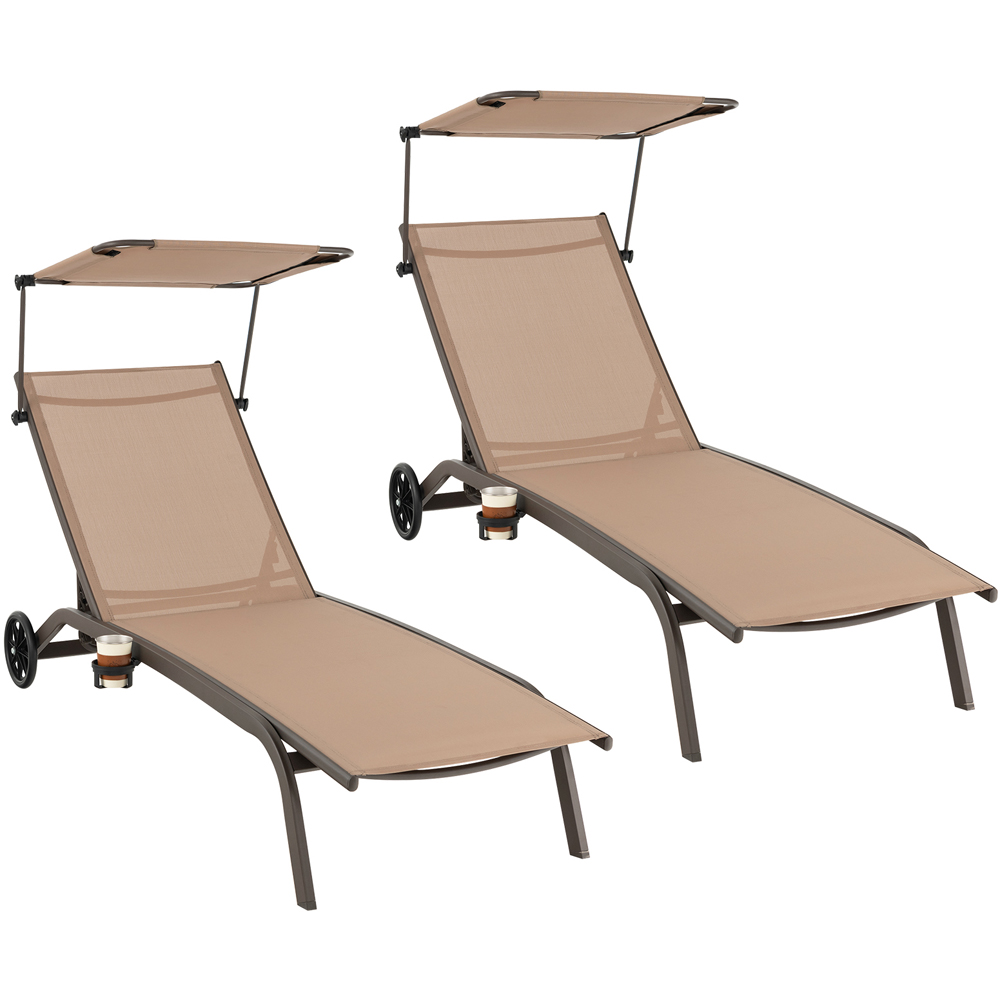Costway Brown Chaise Lounge Chair with Wheels and Adjustable Canopy Image 3