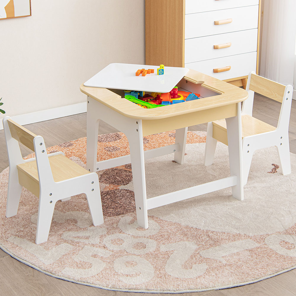 Costway 2 Seater Kids Natural Table and Chair Set with Hidden Storage Image 1