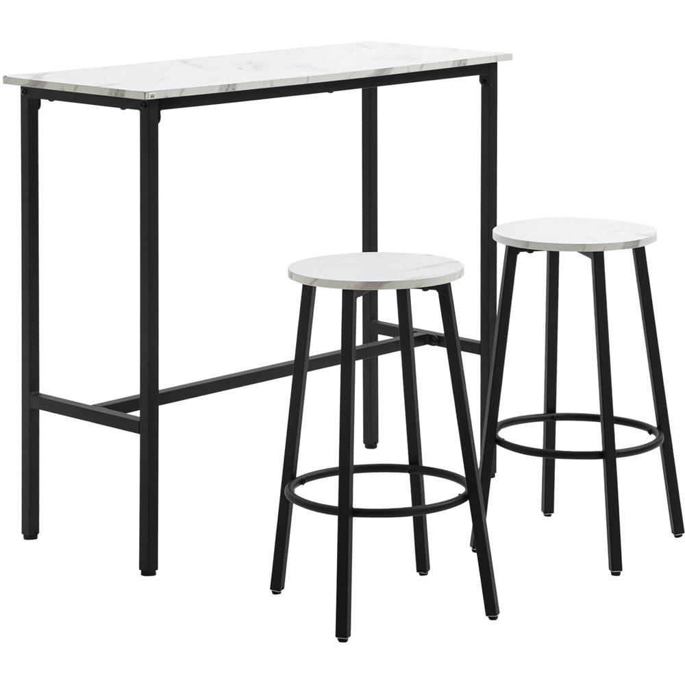 HOMCOM 2 Seater White Marble Effect Bar Table and Stool Set with Footrest Image 2