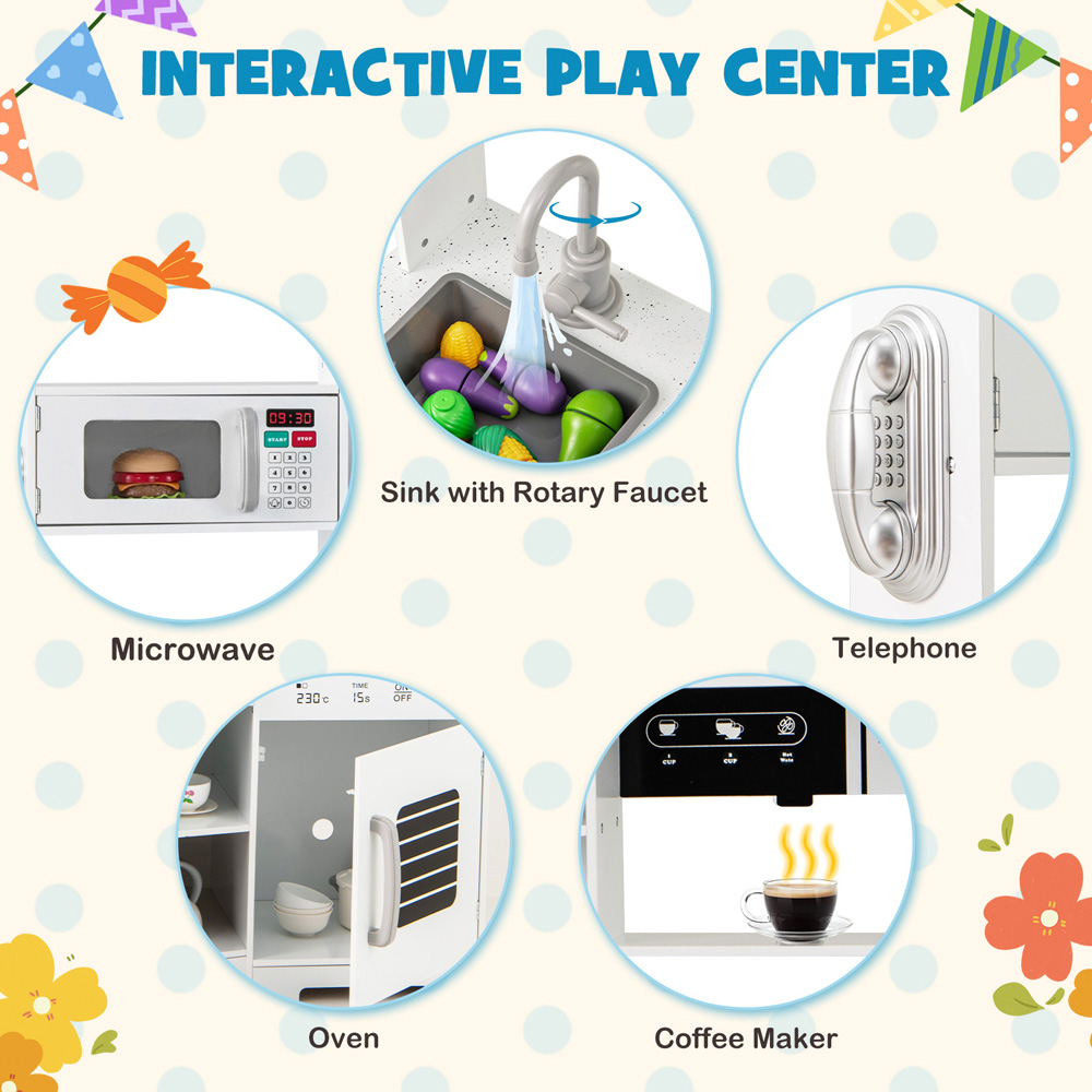 Costway Kids White Wooden Kitchen Play Set with Real Sounds and Lights Image 4