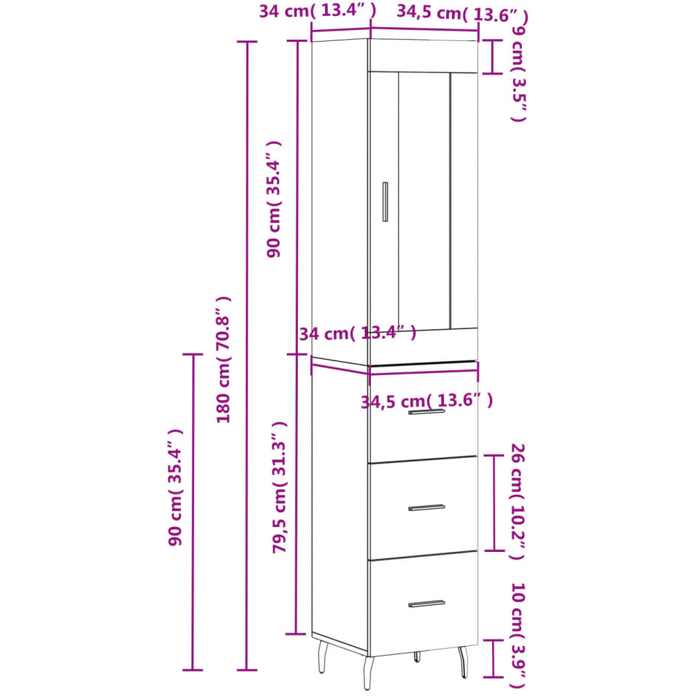 vidaXL Single Door 3 Drawer Grey Sonoma Highboard with Metal Feet Image 6