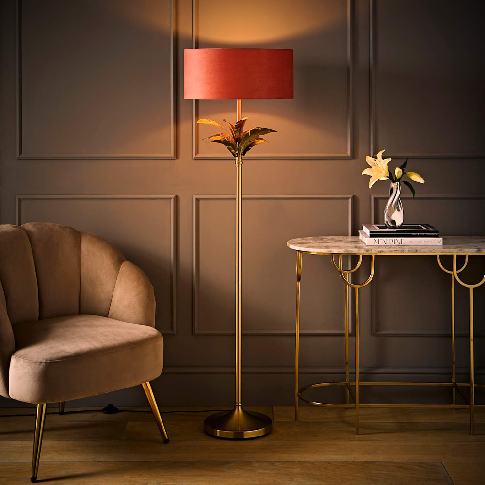 ValueLights Christina Pink Velvet Squat Shade Gold Leaves Floor Lamp with Bulb Image 2
