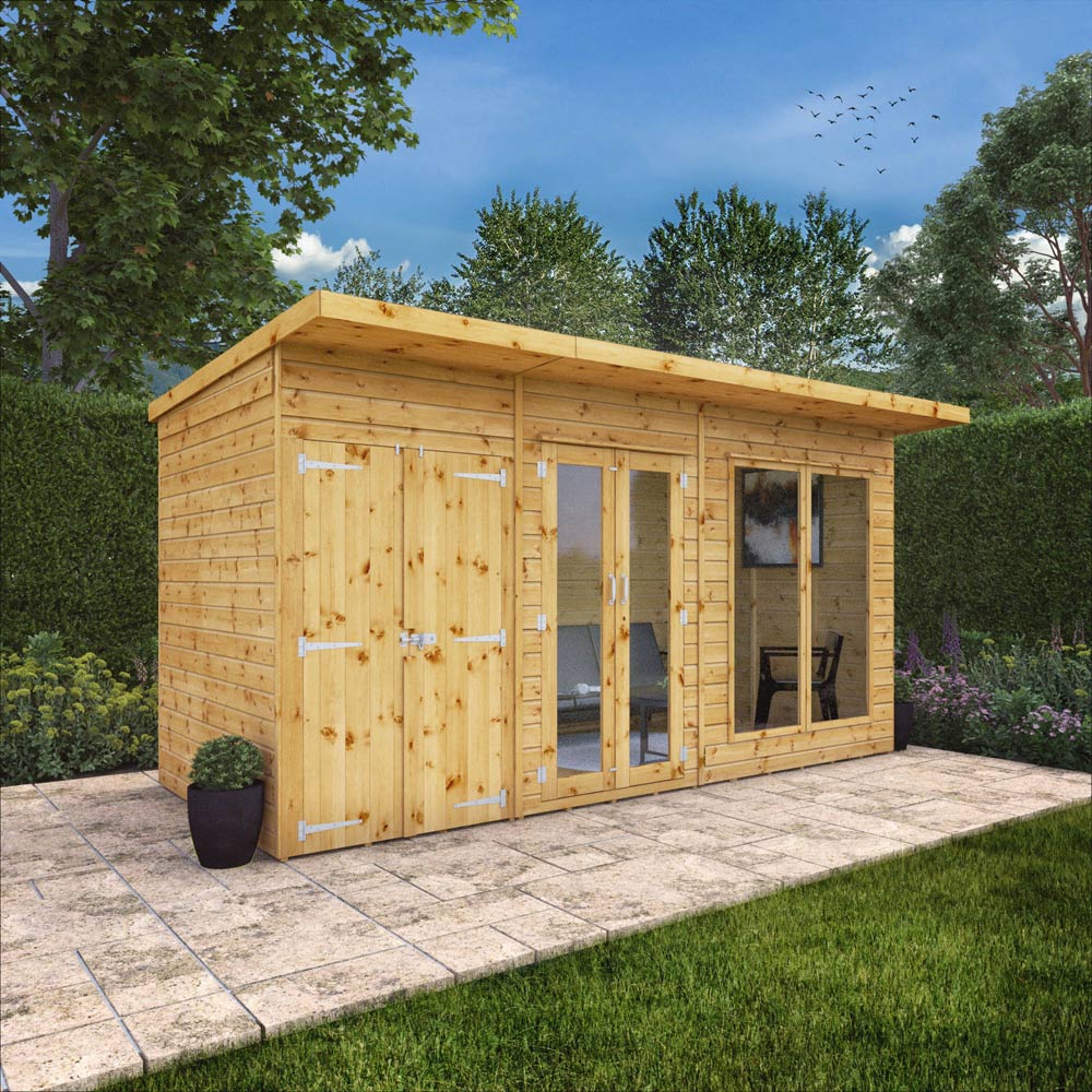 Mercia Maine 14 x 6ft Double Door Shiplap Pent Traditional Summerhouse with Side Shed Image 2