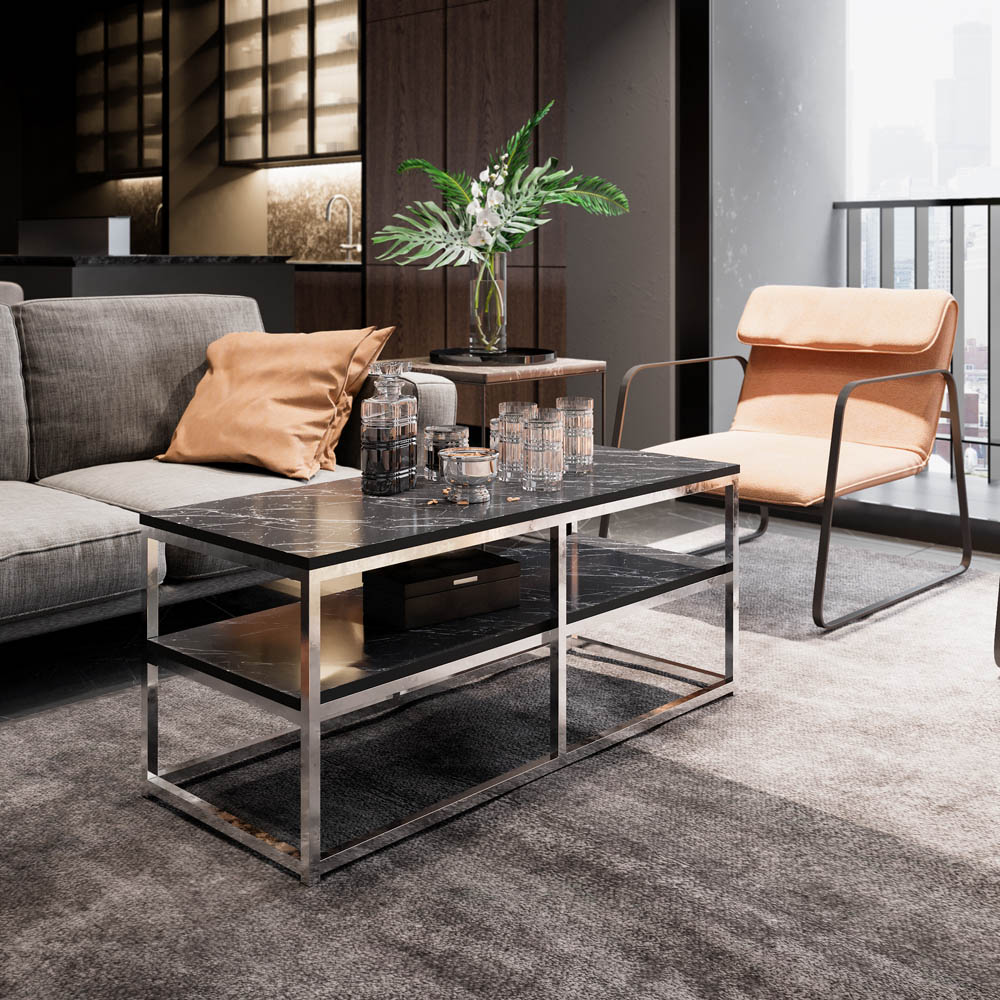 Decorotika Forteus Single Shelf White Black Marble Effect and Chrome Coffee Table with Metal Legs Image 4