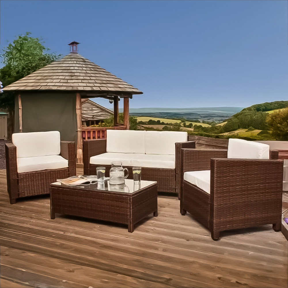 Brooklyn 4 Seater Brown Rattan Sofa Chair and Table Set with Back Pads Image 1
