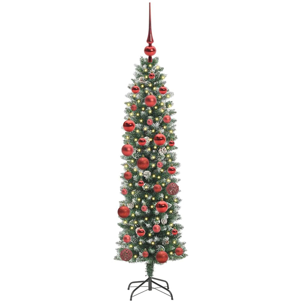 vidaXL Pre-Lit Warm White LED and Red Baubles Green Slim Artificial Christmas Tree 5ft Image 2