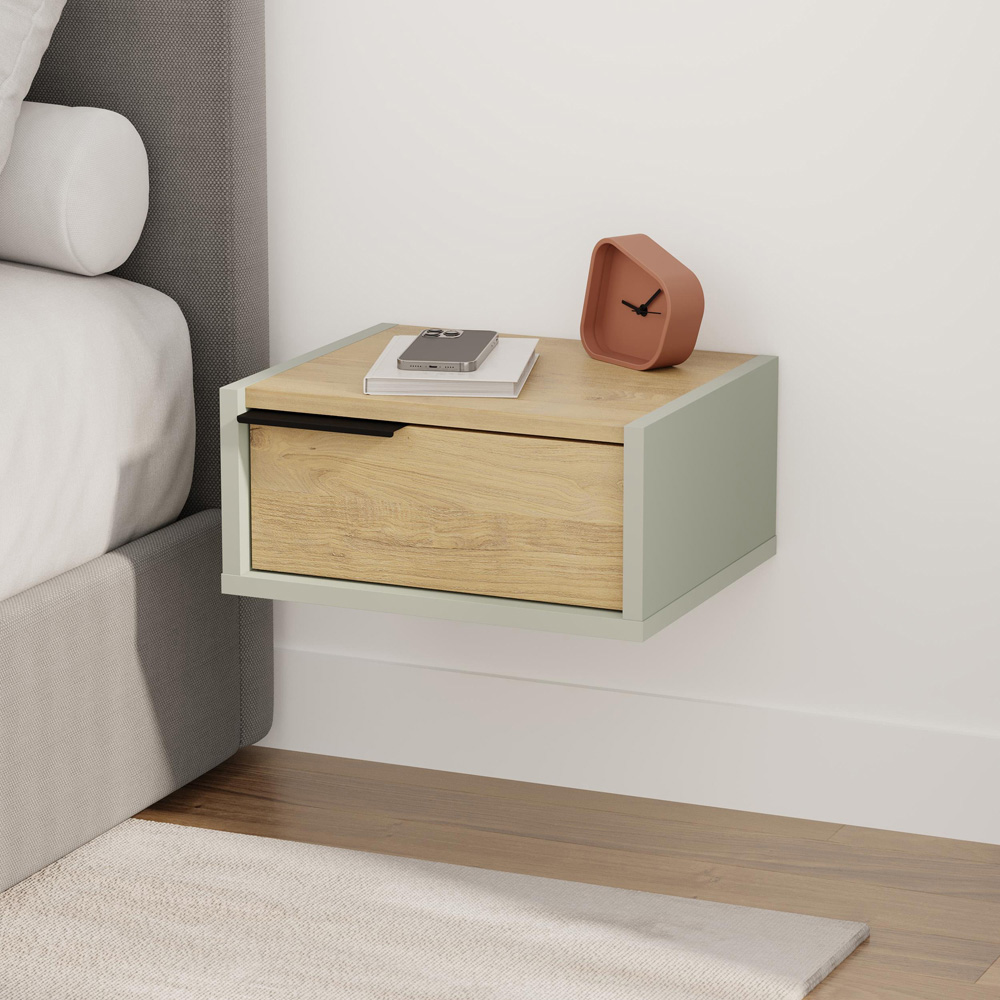Decortie Eco Single Drawer Ash Green Wall Mounted Bedside Table Image 4