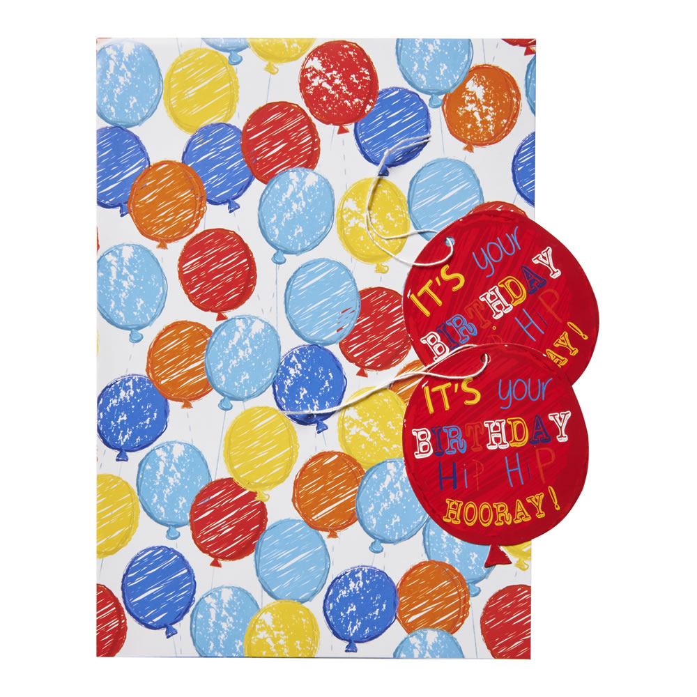 Wilko Balloons Gift Wrap 2 Sheets and 2 Tags Image