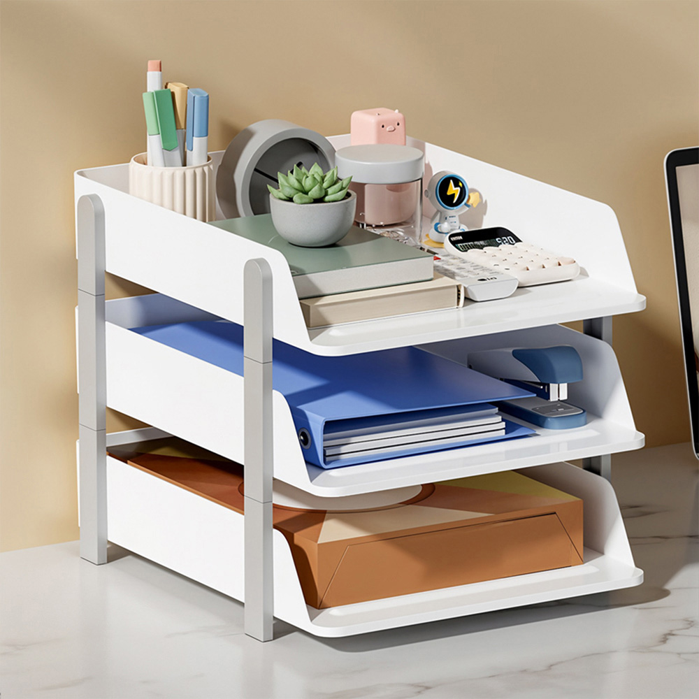 Living and Home 3-Tier White and Grey Tabletop File Organiser Rack Image 7