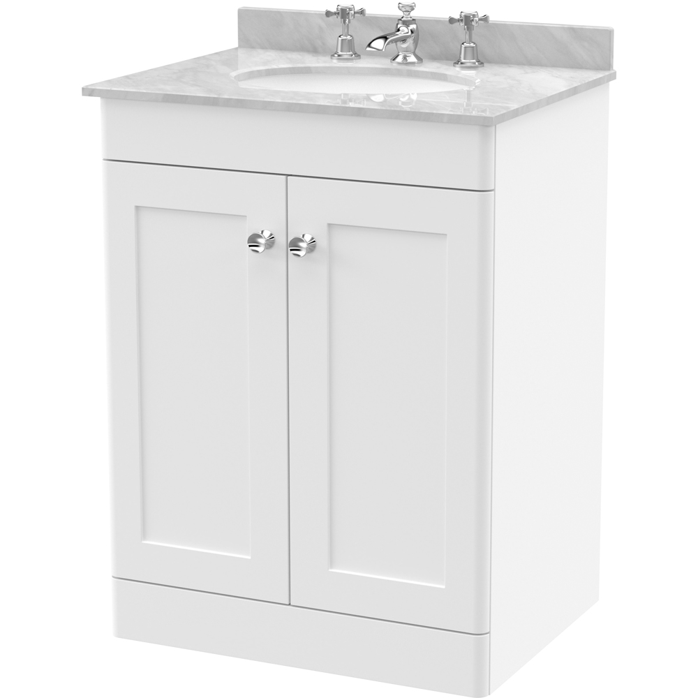 nuie Classique 2 Door Satin White and Grey Floor Standing Unit and 3 Tap Hole Marble Basin 600mm Image 1