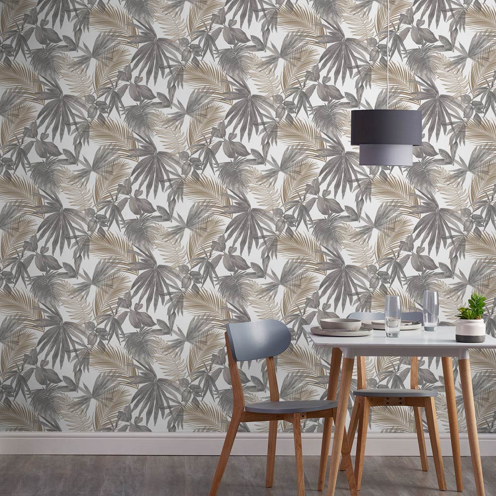 Grandeco Wild Palm Metallic Grey and Copper Textured Wallpaper Image 3