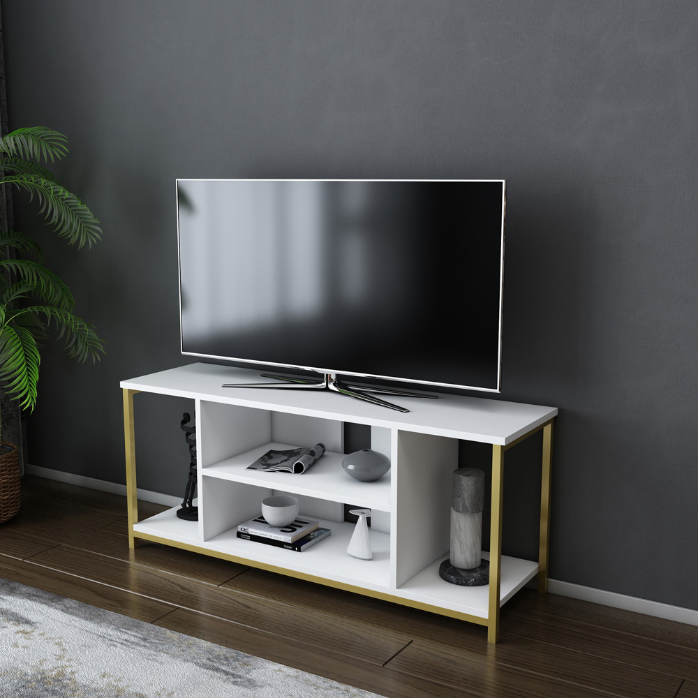 Decorotika Rinaldo 4 Open Shelf Gold and White Wide TV Unit Image 5