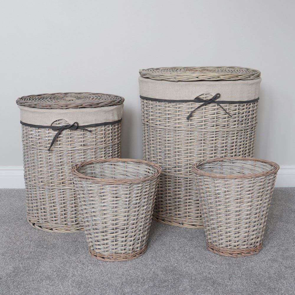 JVL 4 Piece Arianna Grey Round Willow Laundry and Waste Paper Basket Set Image 2