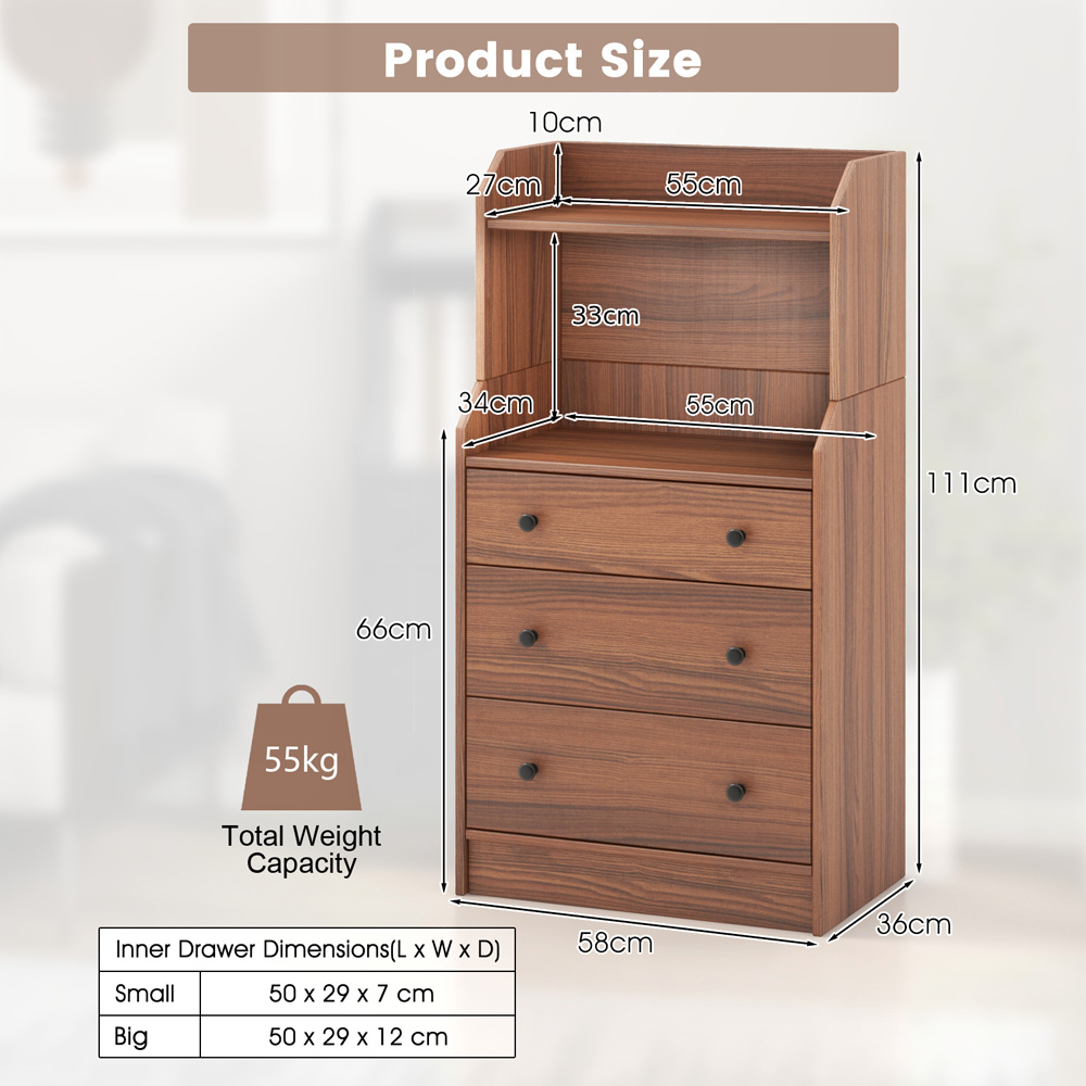 Costway 3 Drawer 2 Shelf Brown Modern Chest of Drawer Image 9