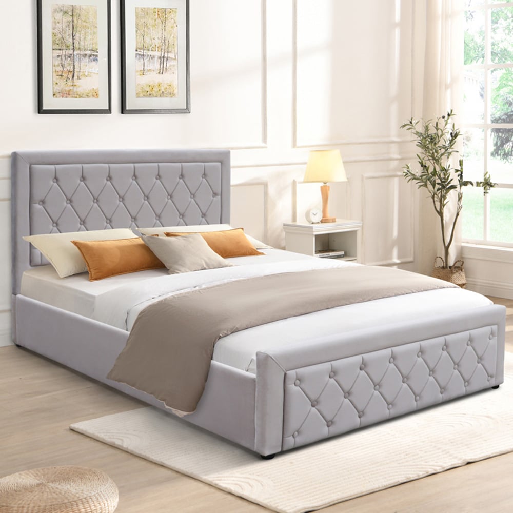 Kosy Koala Double Grey Velvet Tufted Gaslift Ottoman Bed Image 1