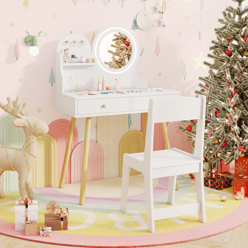 Costway 2 Drawer Single Shelf White Wooden Kids Vanity Set with Lighted Mirror and Hooks Image 5