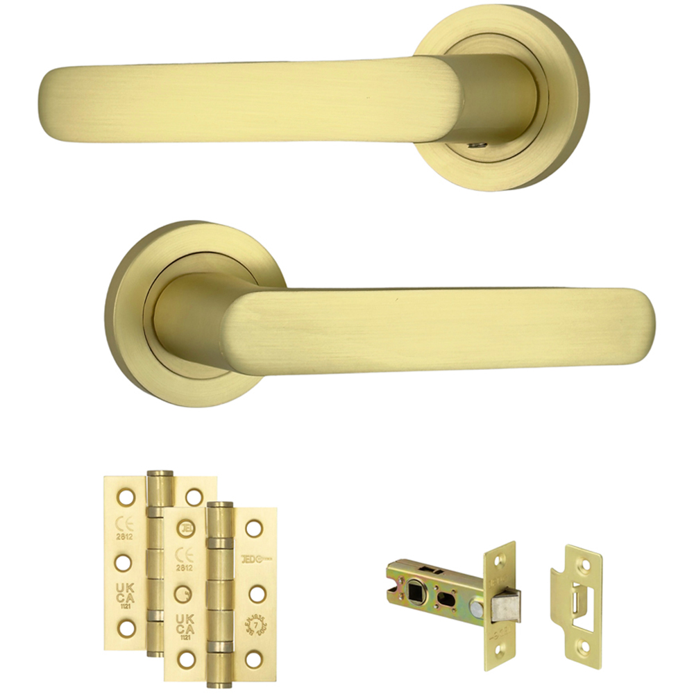AXS Hardware Harlem Satin Brass Latch Door Handles on Rose 2 Pack Image 1