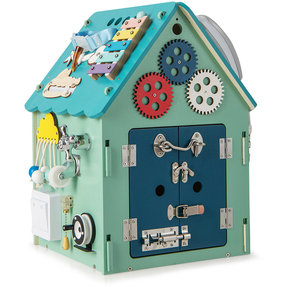 Costway Blue Wooden Busy House Toddler Learning Toy with Music Box Image 3