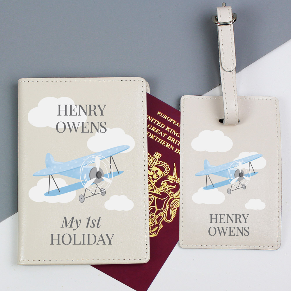 Personalised Memento Blue Plane Passport Holder and Luggage Tag Set Image 2