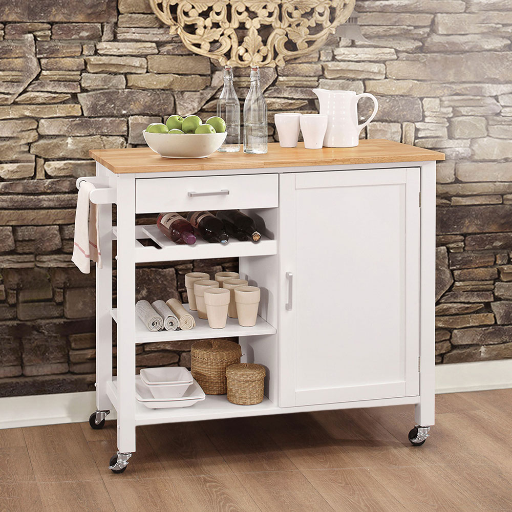 Living and Home Wooden Rolling Kitchen Island Trolley Image 2