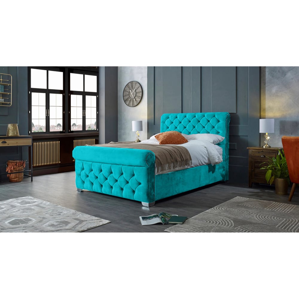Eleganza Home Veneta Double Teal Plush Velvet Bed Frame with Chesterfield Headboard Image 4