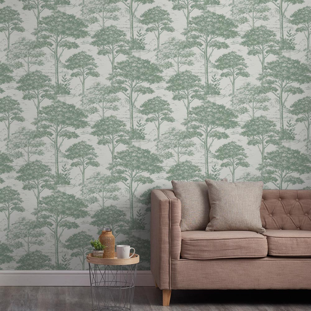 Grandeco Etched Tree Toile Sage Green Textured Wallpaper Image 3