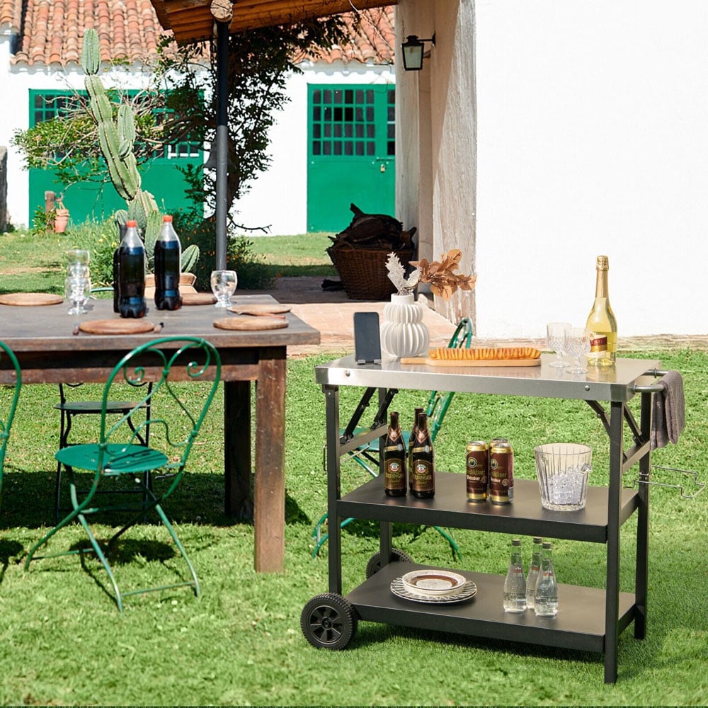 Costway 3 Tier Black Foldable Stainless Outdoor Cart with Wheels Image 4