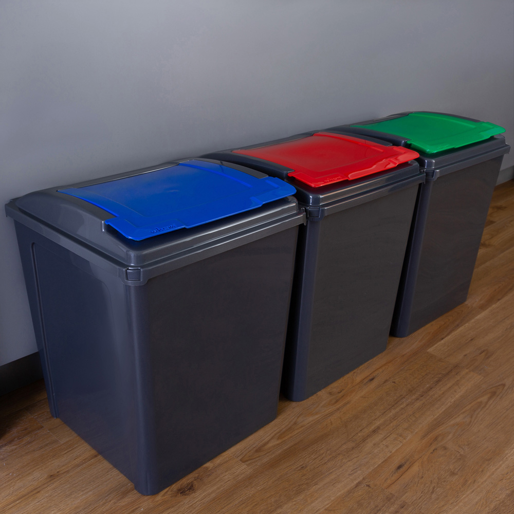 Wham 3 Piece 50L Plastic Recycle Bin Graphite/Asst Red/Blue/Green Lids Image 2