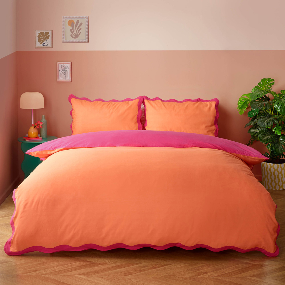 Heya Home Wiggle Super King Size Orange Scalloped Duvet Set Image 4