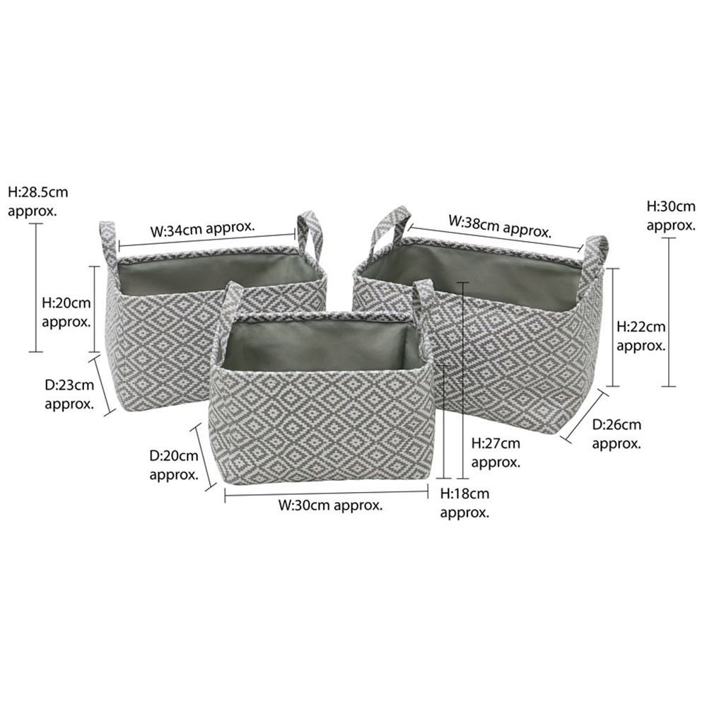 JVL Argyle Grey Rectangular Paper Storage Baskets with Handles 3 Pack Image 7