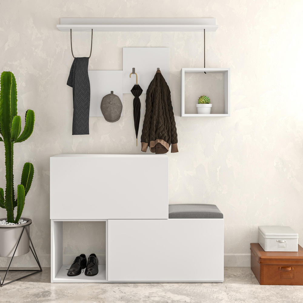 Decortie Holdon 2 Door 2 Shelf 4 Hooks White Shoe Cabinet with Hanging Rail and Bench Image 3