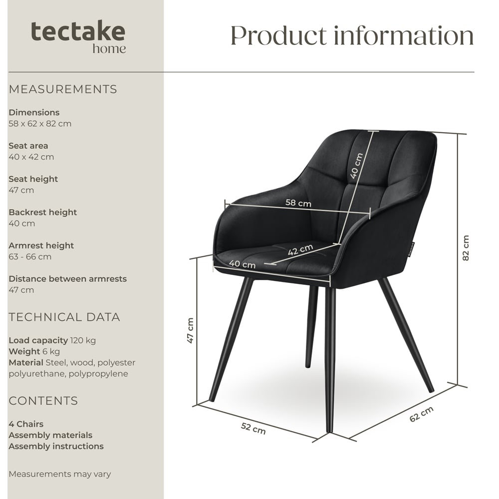 tectake Marilyn Set of 4 Black Quilted Velvet Dining Chair Image 9